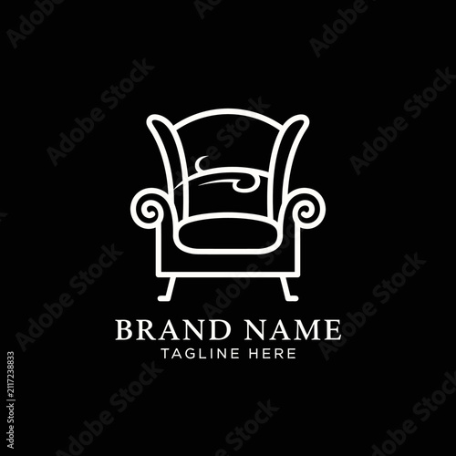 Minimalist armchair line art logo on black background.