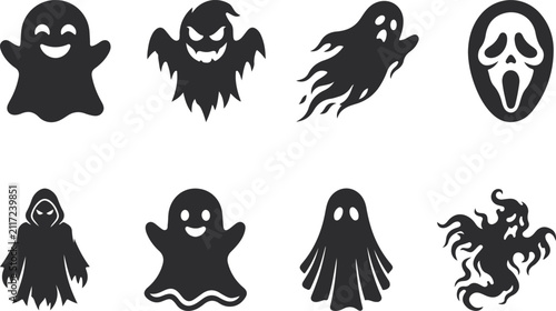 Quadro su tela Halloween ghost and spooky characters silhouette vector set