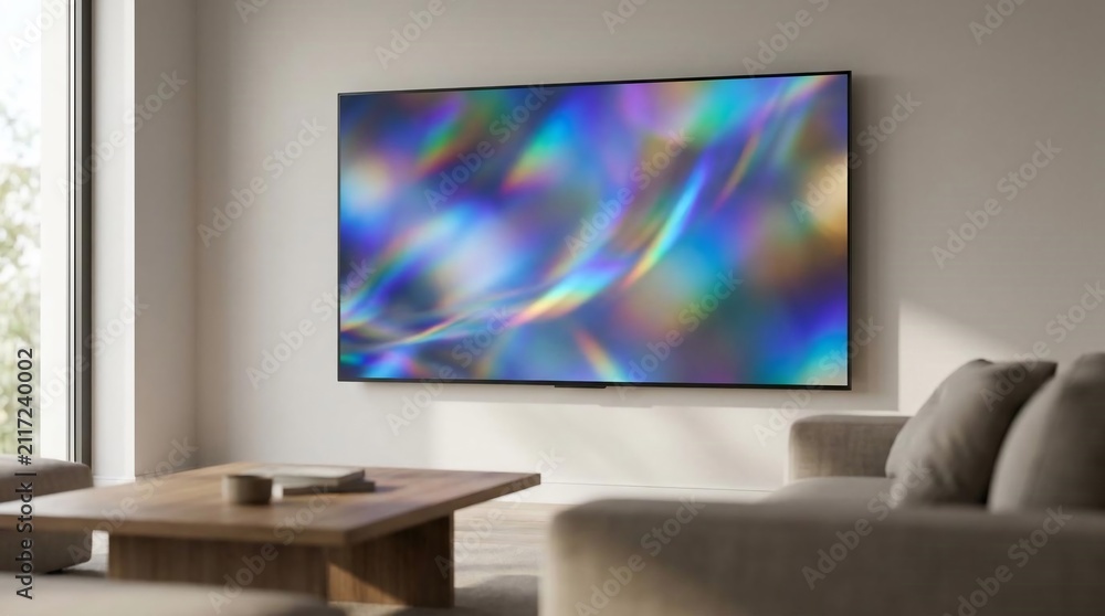 Fototapeta premium Modern minimalist living room interior with a large digital display showing colorful abstract holographic light art.