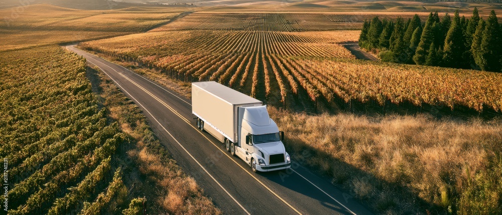 Naklejka premium Truck drives along a road near vineyards during the late afternoon in a rural area