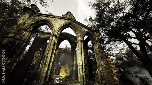 Old stone arches rise amid thick trees, enveloped in soft mist. Sunlight breaks through clouds, casting shadows on the remnants of a forgotten structure. Nature intertwines with history.