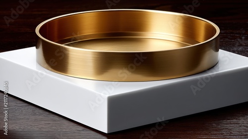 A gold bowl sits on a white square base.