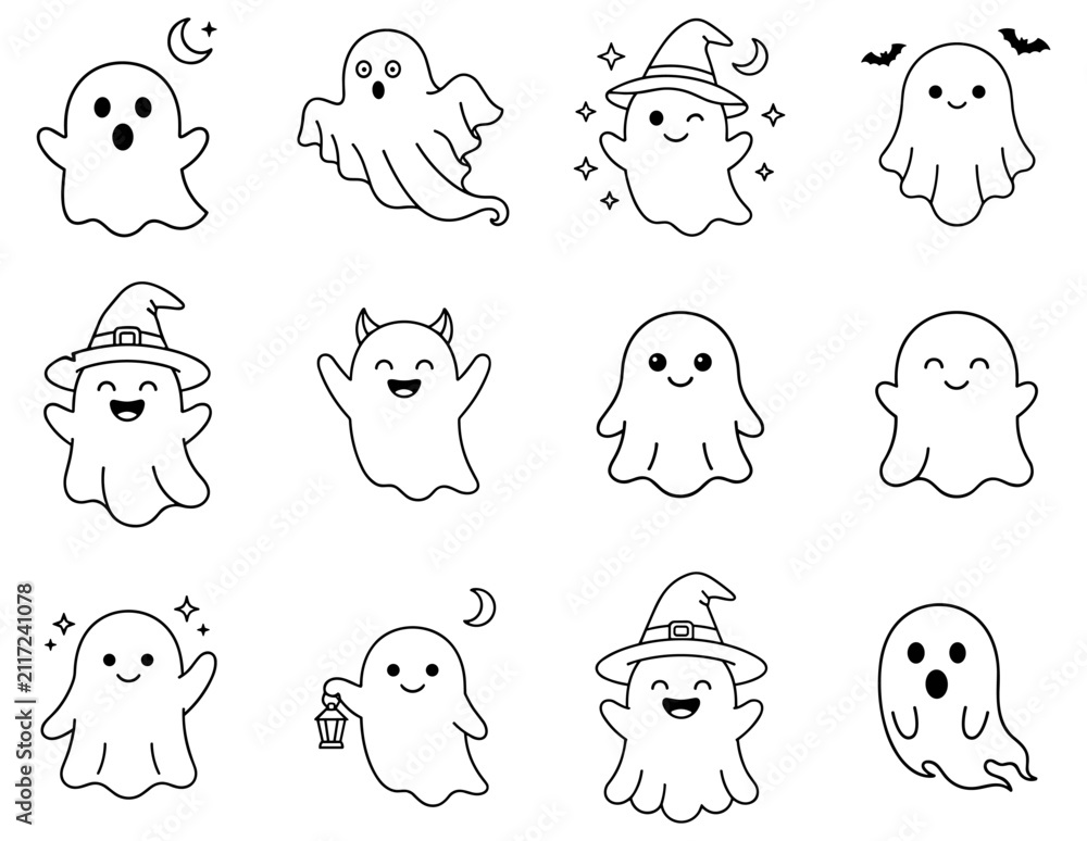 Fototapeta premium set of twelve black and white Halloween ghost illustrations with various facial expressions and accessories on transparent background