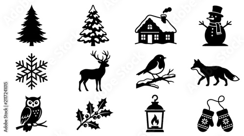 Fotografie Create a premium Adobe Stock vector icon set featuring exactly 12 unique Christmas Winter Nature silhouettes