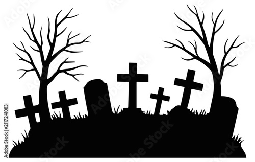 silhouette of graveyard with leafless trees and various tombstones on transparent background