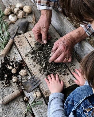 Generations Connect: Adult and Child Hands Prepare Soil for Garden Planting