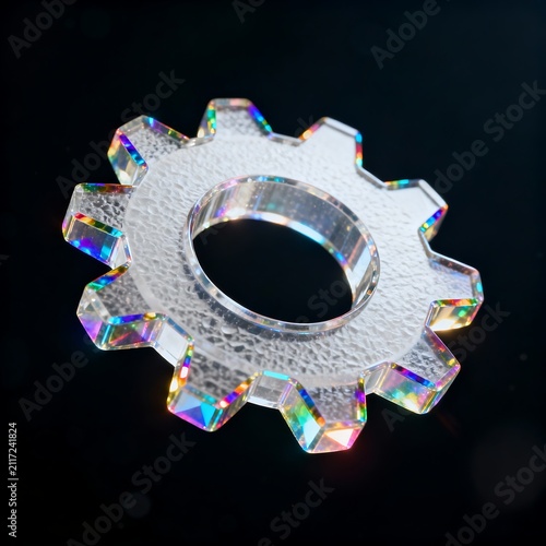 Dichroic Glass Cogwheel: Prismatic Edge Refraction in Void