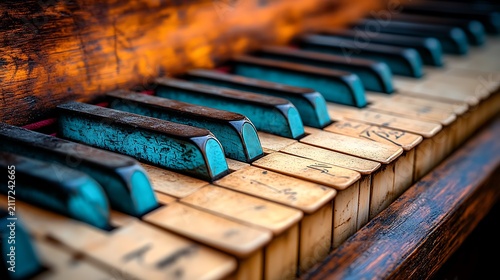 Closeup of Vintage Piano Keys and Wooden Texture.
