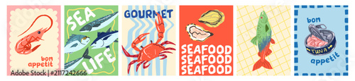 Set of funny cards with seafood. Designs of postcards with sea fish and marine food. Posters with tuna, shrimp, oysters, crab and trout. Template with undersea animals. Flat vector illustrations