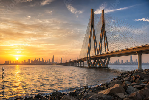 Bandra Worli Sea Link in Mumbai viewed from the coastline, majestic cable-stayed bridge above the Arabian Sea