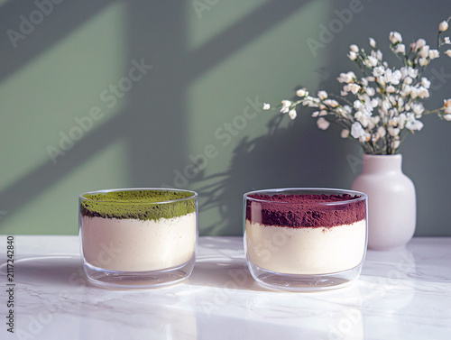 Two glasses of delicious dessert with chocolate and matcha powder topping