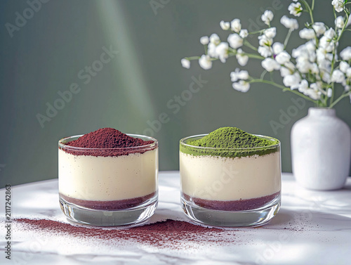 Matcha and cocoa mousse desserts in glasses with flowers on marble table