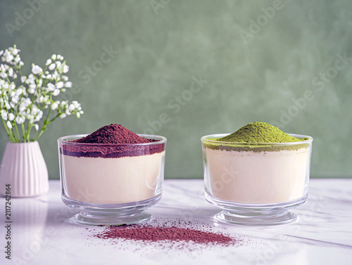 Two glasses of delicious dessert with matcha and chocolate powder topping