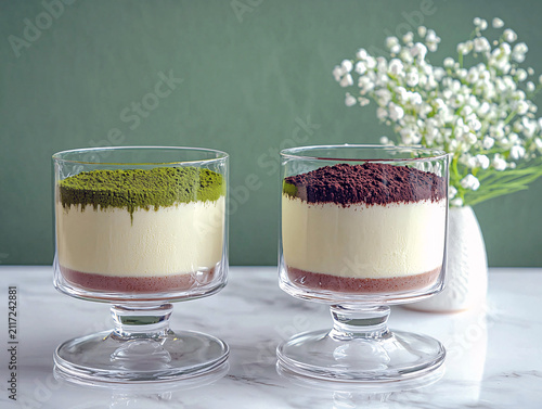 Two glasses of delicious dessert with chocolate and matcha powder topping
