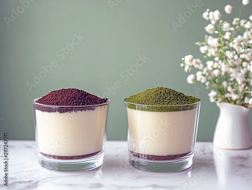 Matcha and chocolate desserts in glass cups with flowers on marble table
