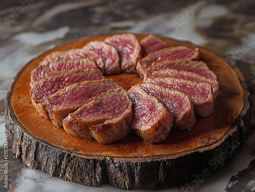 Delicious sliced beef steak served on a wooden board for a gourmet meal