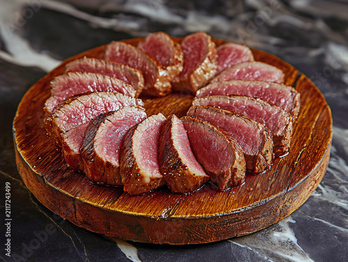 Top view of sliced beef steak on a wooden board for a gourmet dinner
