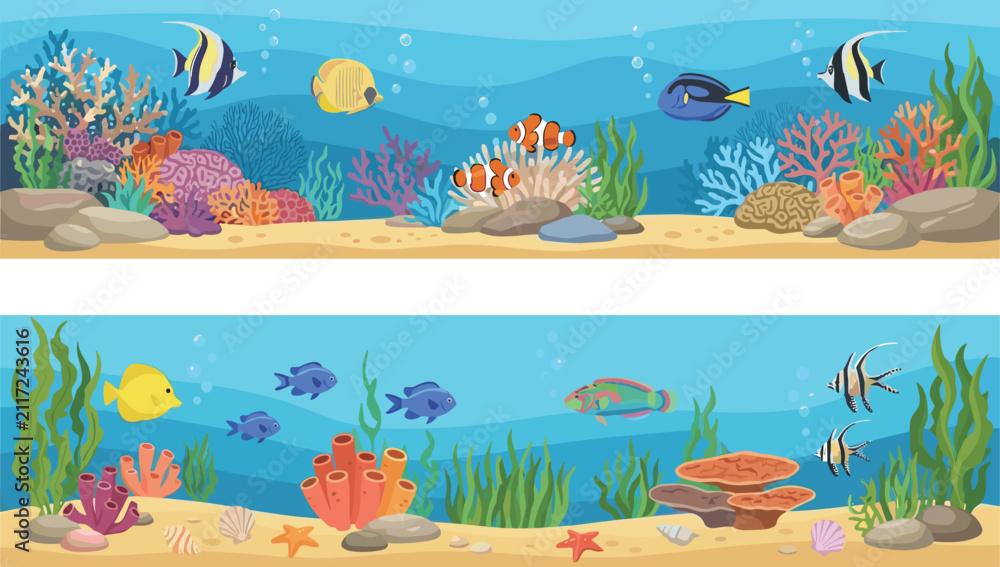Fototapeta premium Underwater Coral Reef Landscape Banner Set Featuring Tropical Fish, Marine Life, Seaweed, Sea Shells, and Ocean Floor Vector Illustration