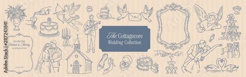 Foto Elegant cottagecore wedding crayon line art collection