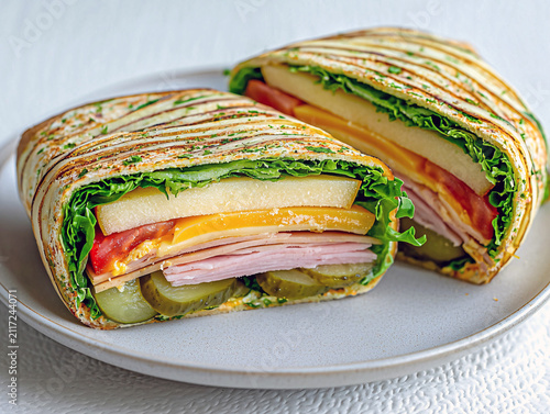 Two halves of a wrap sandwich on a plate, close up studio shot