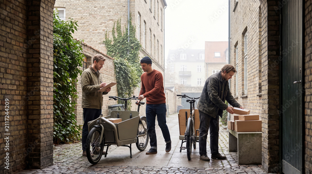Obraz premium Workers prepare cargo bikes at a neighborhood delivery depot