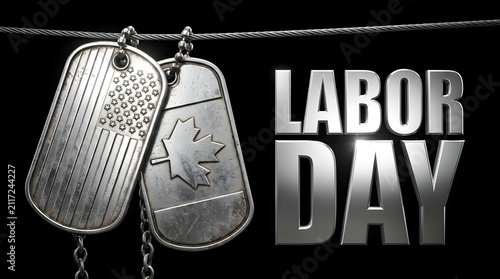 Metallic military dog tags hanging against a dark background with bold text celebrating the annual holiday of labor day canada for workers and national recognition