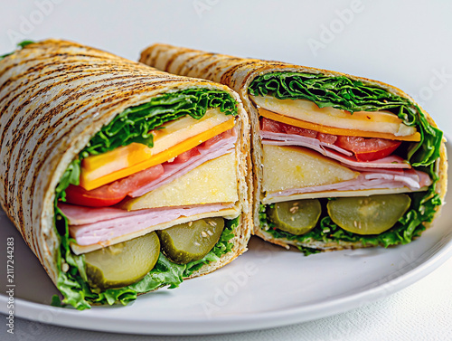Delicious wrap sandwich cut in half on a white plate, close up shot