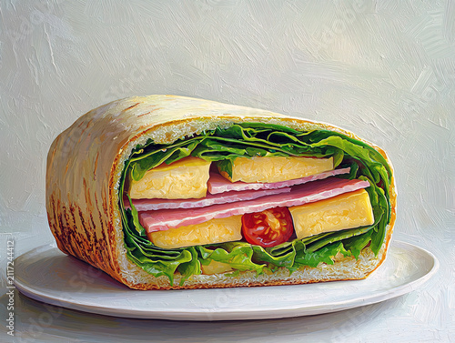 Delicious sandwich with ham, cheese, lettuce and tomato on a white plate