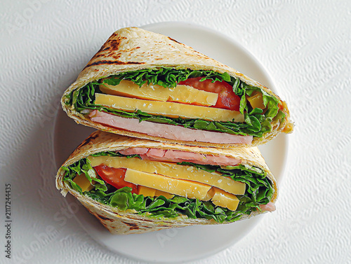 Halved ham sandwich with cheese, tomato, and lettuce on a white background