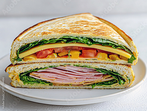 Delicious sandwich with ham, cheese, lettuce and tomato on a white plate