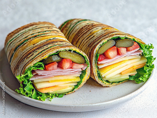 Two halves of a ham and cheese wrap with lettuce, tomato, and pickles