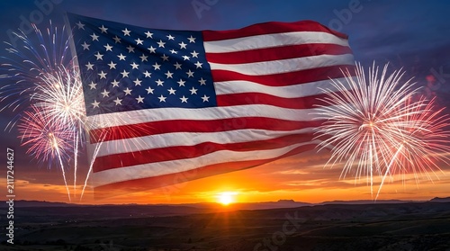 A beautiful american flag waving against a vibrant sunset sky with bright fireworks display celebrating holidays like labor day canada and other patriotic national events