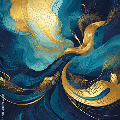 Vibrant abstract work in blue and golden