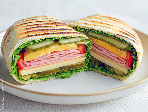 Ham and cheese panini cut in half and served on a white plate