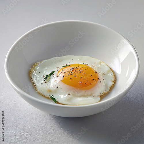 Fried egg with pepper and rosemary in a white bowl isolated on white background