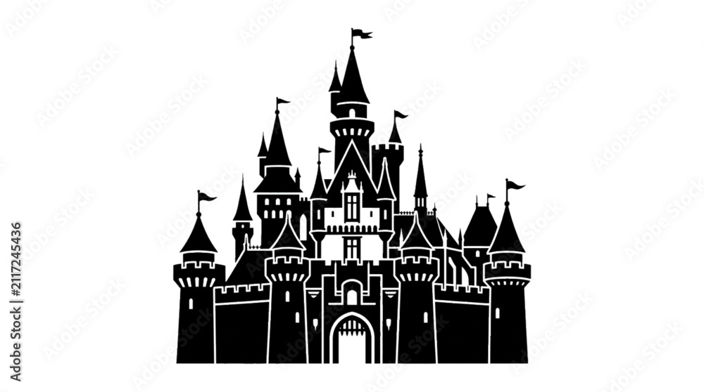 Fototapeta premium Castle Silhouette — Fairytale castle silhouette, clean architectural shape, premium black vector icon, isolated on white background.