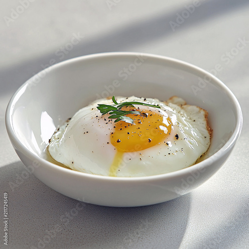 Fried egg in a bowl with herbs and spices on a white background