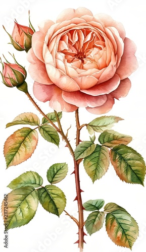 Watercolor peach rose illustrating bloom and spring, with detailed green leaves and buds on a thorny stem, embodying natural beauty, romance, and botanical elegance