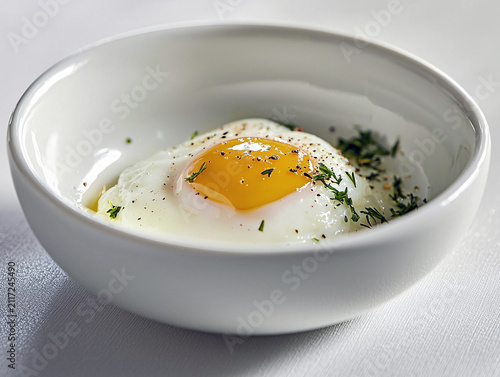 Fried egg in a bowl isolated on white background, garnished with parsley