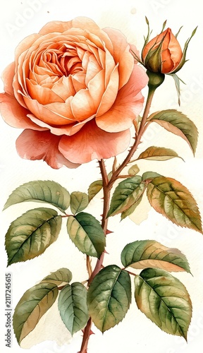 Peach rose blooming on a thorny stem with green leaves, depicting a delicate botanical watercolor illustration in a vintage art style