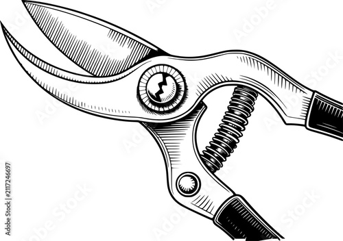 Foto 庭のメンテナンス用のバネ機構付き剪定ばさみの詳細な白黒イラスト