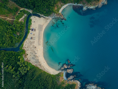Aerial View of Silistar Beach Bay Surrounded by Forest in Bulgaria