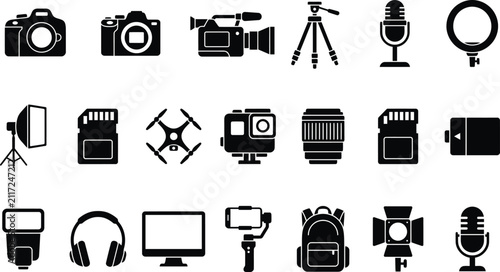 Foto Diverse photography and videography equipment icons with clean white background