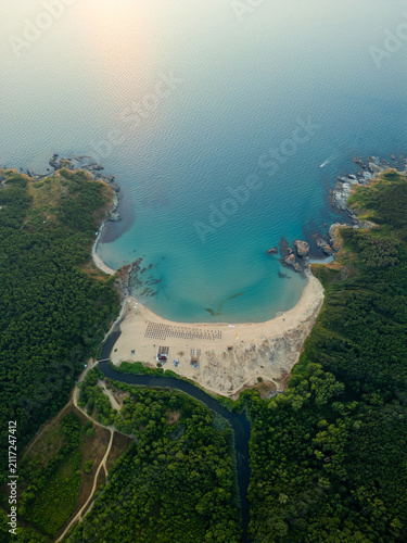 Aerial View of Silistar Beach Bay Surrounded by Forest in Bulgaria