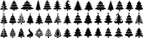Christmas tree vector set, green fir tree with star, black silhouette and line art icons, 3 holiday elements for winter design