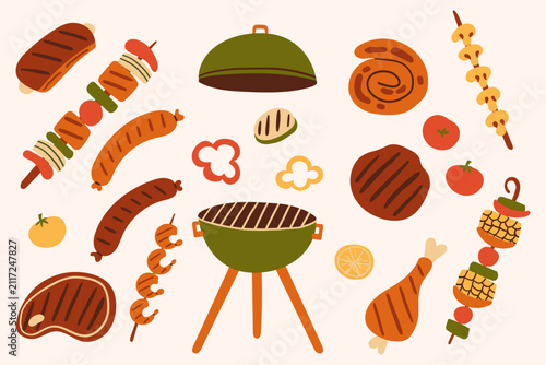 Summer barbecue grill vector illustration set with steak, skewer, vegetables and tools. Hand drawn backyard bbq party food elements. Minimalist doodle collection for picnic menu design
