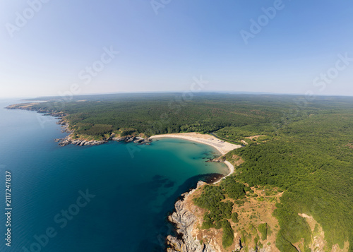 Aerial View of Silistar Beach Bay Surrounded by Forest in Bulgaria