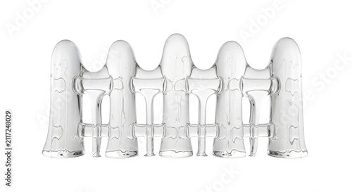 Five white fluted glass bottles connected by metal rings isolated on transparent background