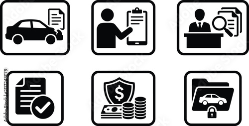Car Insurance Claim Process Icon Set with Agent, Document and Payment Vector Illustration