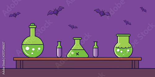 Halloween science lab with potions and flying bats on purple background.